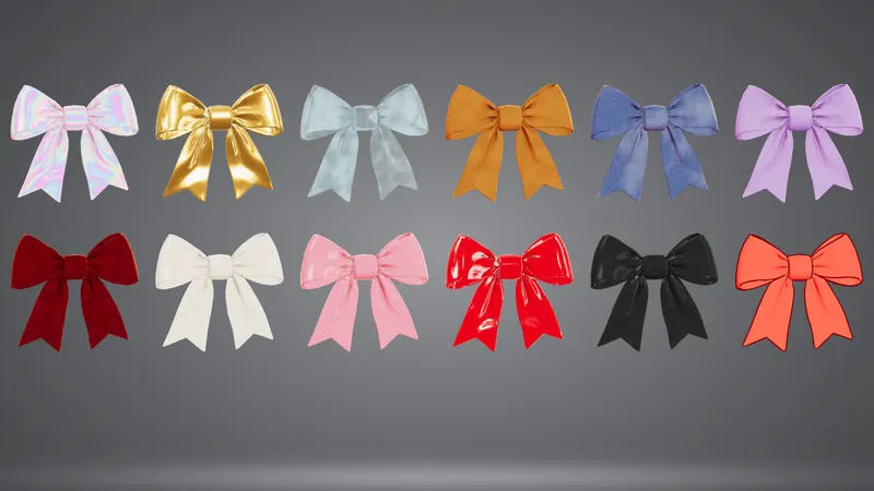 Twelve ribbon bows in two rows on grey: holographic, gold, satin, latex, velvet and more.