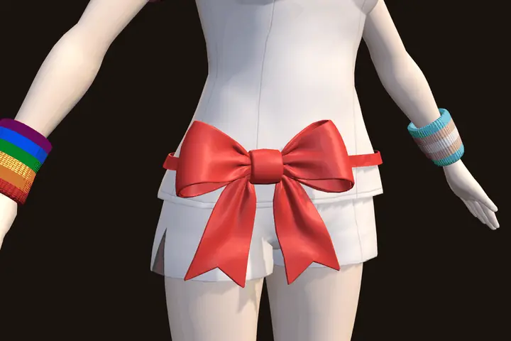 A large waist bow cycling through fabrics: satin, velvet, latex and more.