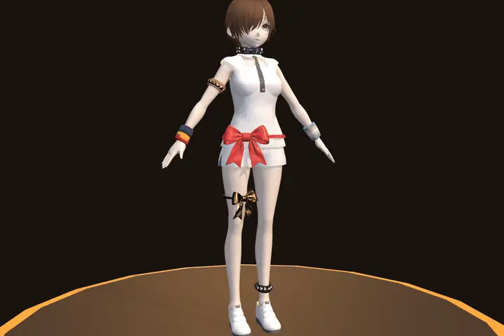 A display figure wearing a band, bow and collar, cycling through colour versions.