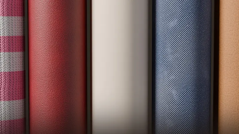 Rolled fabric bolts in striped knit, red velvet, white satin, denim and tan suede.