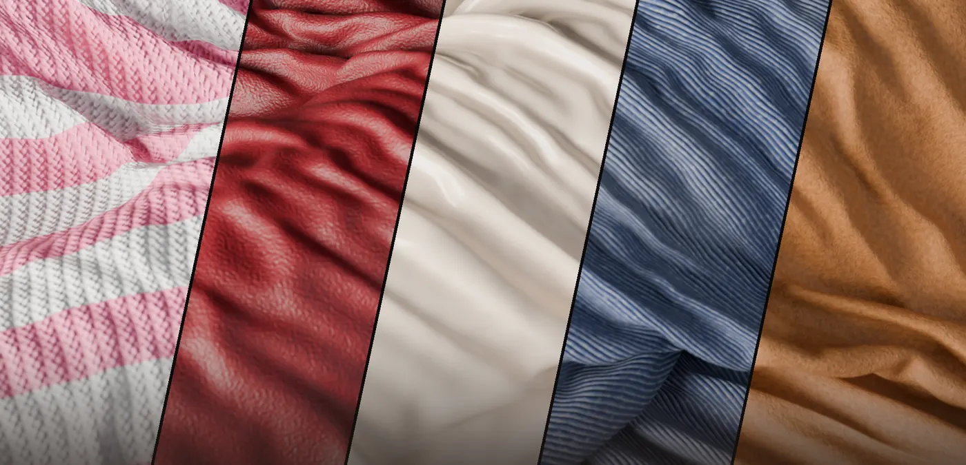 Elastic knit, velvet, satin, denim and suede draped side by side.