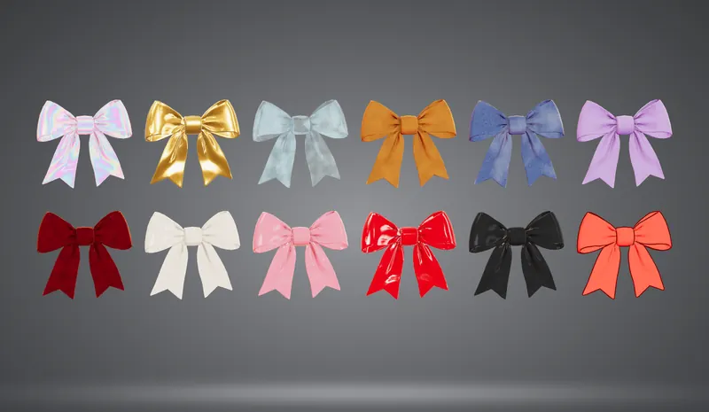 Twelve ribbon bows in two rows: iridescent, gold, satin, velvet, latex and more.