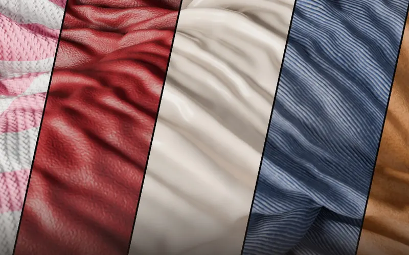 Close-up of draped cloth strips: pink striped knit, red leather, cream satin, blue denim.