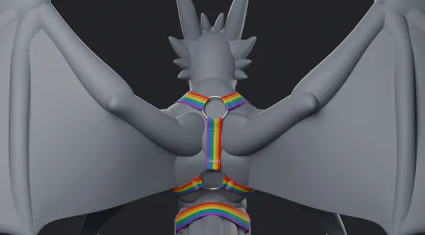 The back of the same harness: straps meet in a ring between the shoulders and run down to the belt.