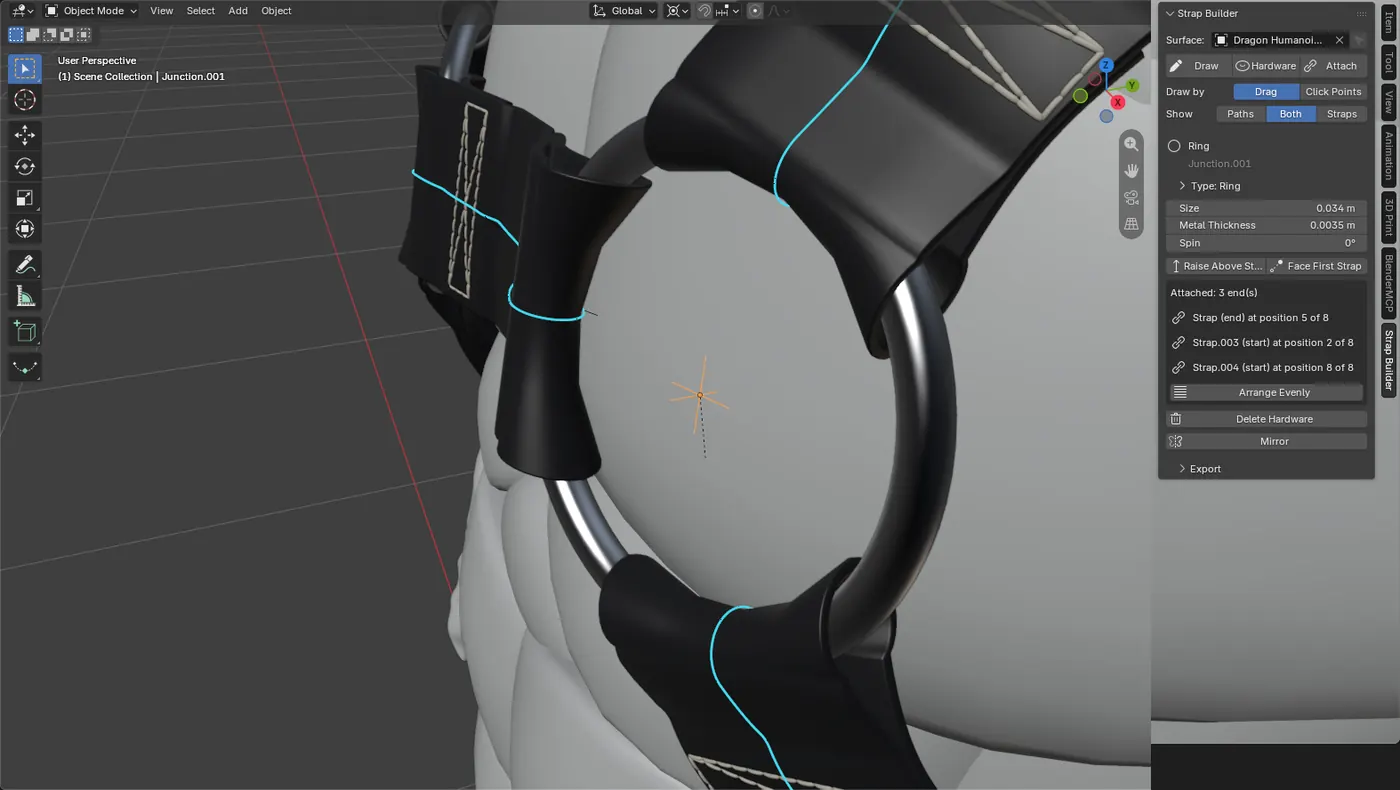 The Strap Builder panel in Blender, with a leather strap threaded through a metal ring on a chest.