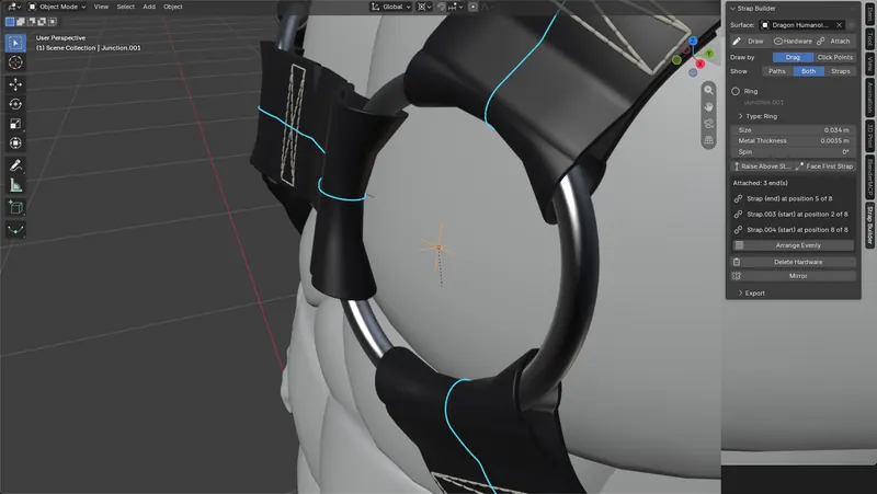 The Strap Builder panel in Blender, with a leather strap threaded through a metal ring on a chest.