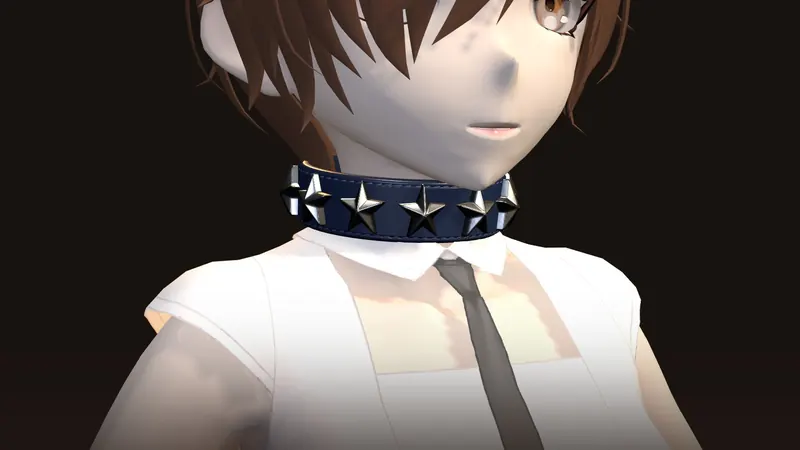 A navy leather collar with silver star studs.