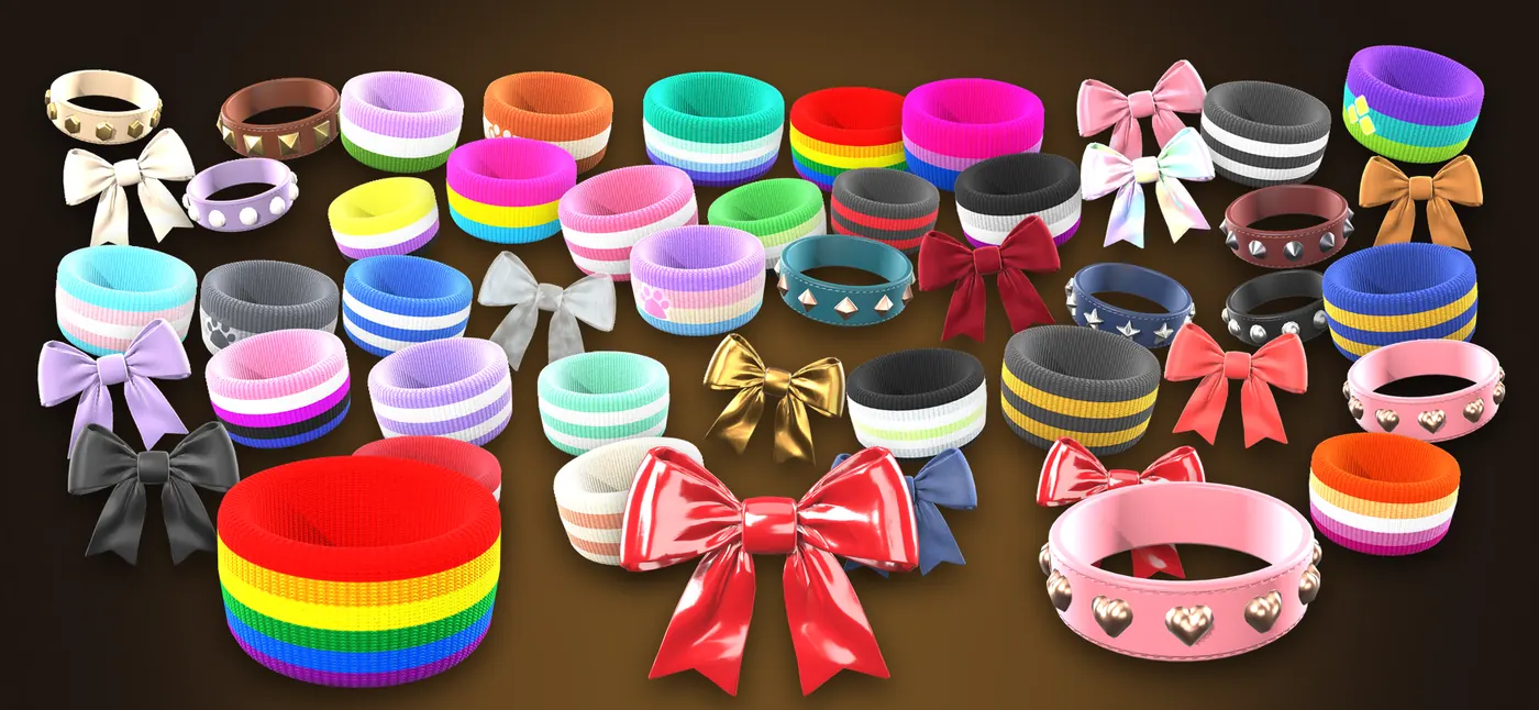 All 46 versions in one pile: knit bands, bows and studded collars on a dark background.